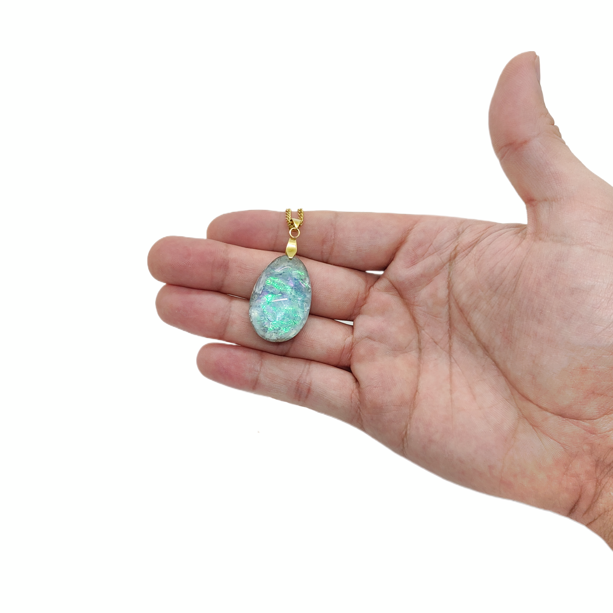 Polarlicht Orgonit Anhänger aus Selenit, Seidenspat, Bergkristall & Silber.