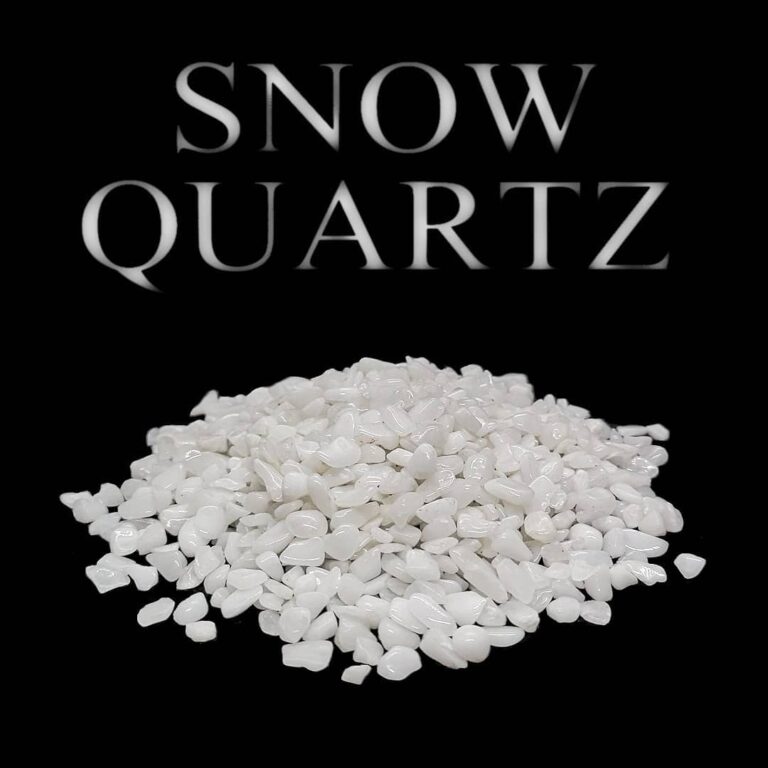Schneequarz weißer Bergkristall Trommelsteine mit Schriftzug "SNOW QUARTZ"