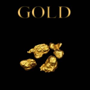 Goldnuggets auf schwarzem Hintergrund mit Beschriftung "GOLD"