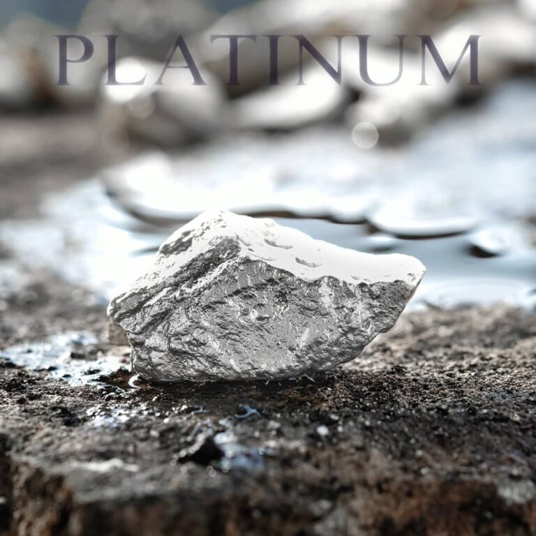 Platin vor nassem Hintergrund mit Beschriftung "PLATINUM". Symbolbild für die Eigenschaften & Spirituelle Bedeutung von Platin.