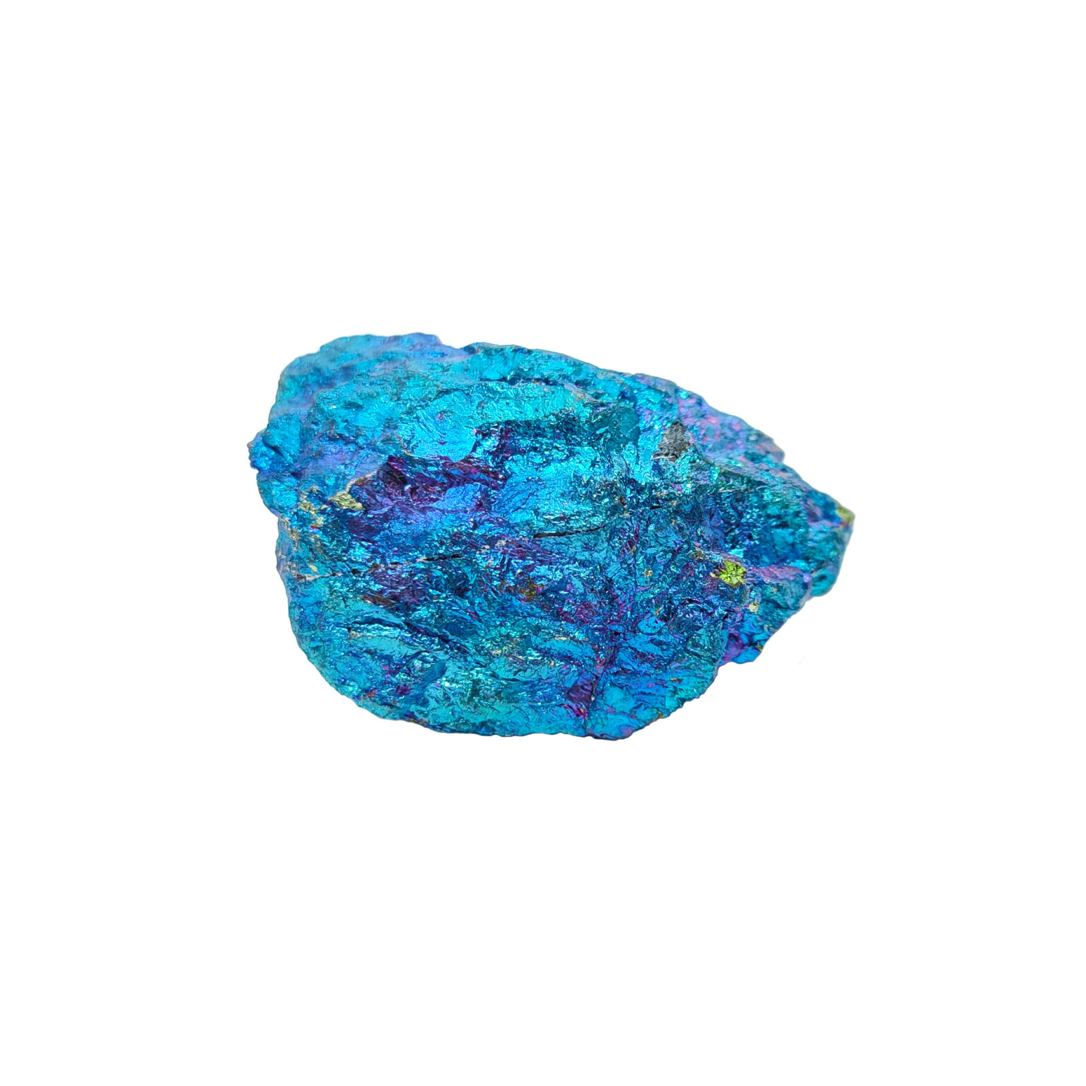 Blau-bunter Buntkupfer / Pfauenerz Rohstein mit schimmernder Oberfläche.