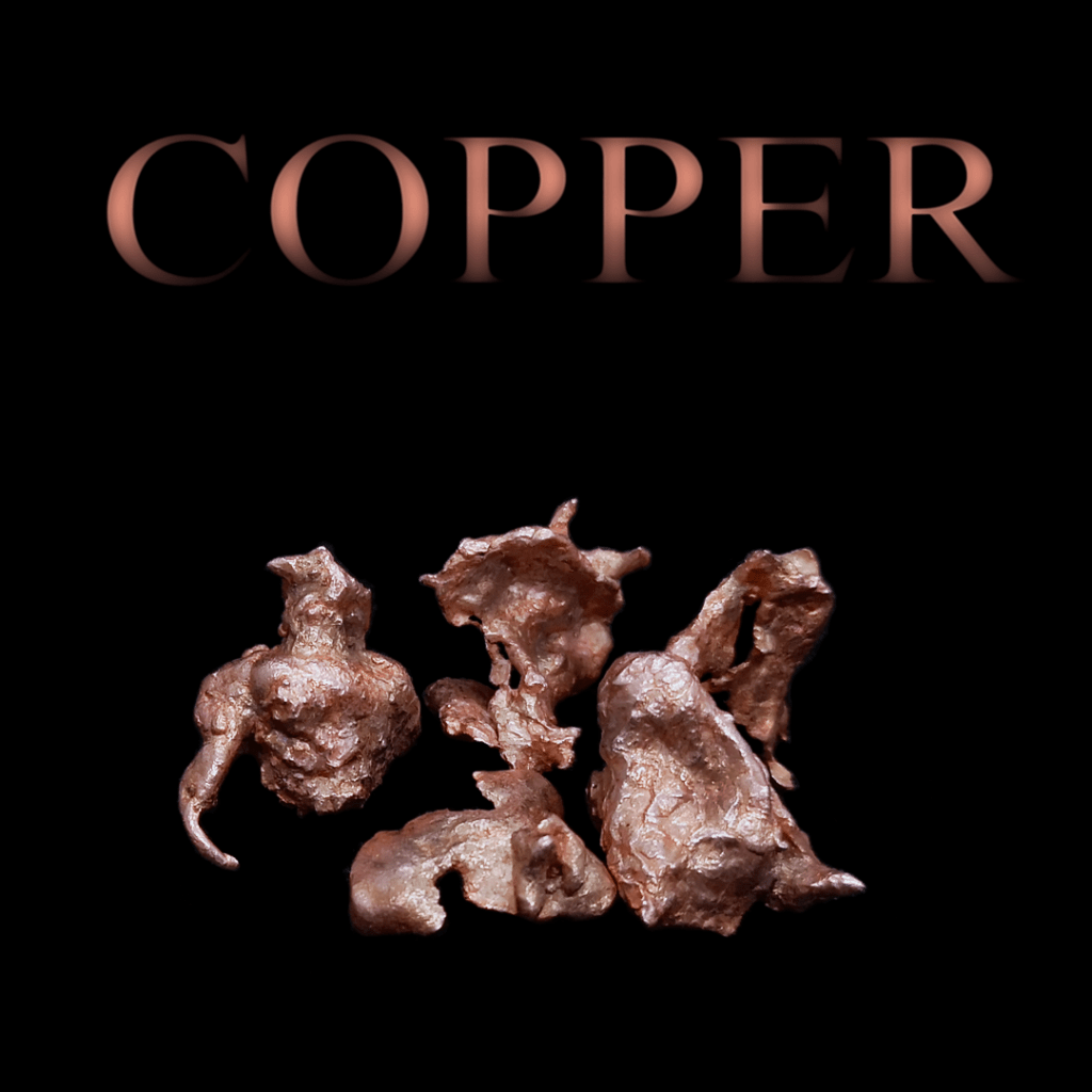 Kupfer Metallnuggets auf schwarzem Hintergrund mit Überschrift "COPPER"