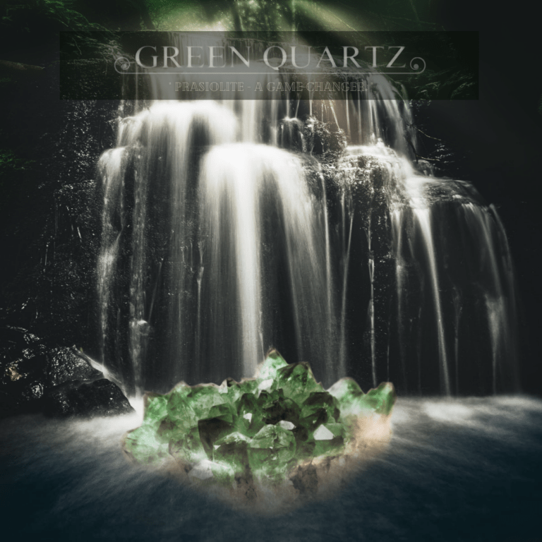 Grüne Prasiolith Kristalle im Wasser vor Wasserfall mit Überschrift "Green Quarz Prasiolite - A Game-Changer"