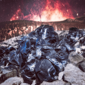 Obsidian Steine in Vulkanlandschaft vor Wald und rotem Sternenhintergrund.