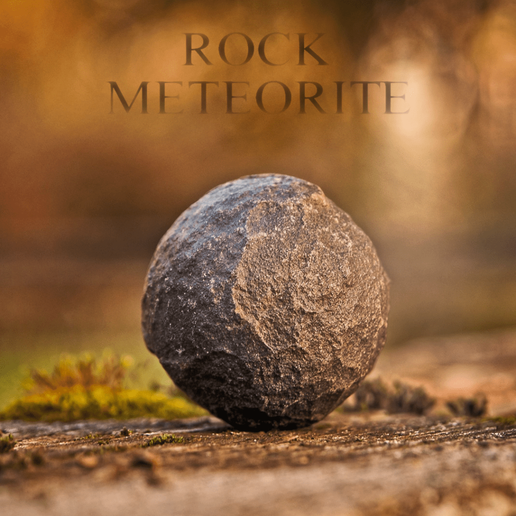 Gestein Meteorit mit Überschrift "ROCK METEORITE". Symbolbild für die spirituelle Bedeutung und Symbolik von Meteorit & Sternschnuppen.
