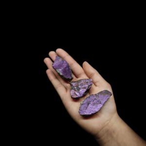 Präsentation von glänzen natürlichen Purpurit Rohsteinen, welche zum Größen Vergleich auf einer Handfläche liegen. Pupurit ist ein metallisch-violett glänzendes Mineral.
