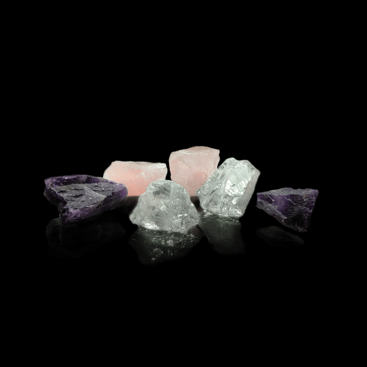 Handgearbeitete Wassersteine Edelsteinmischung bestehend aus 2x Bergkristall, 2x Rosenquarz & 2x Amethyst