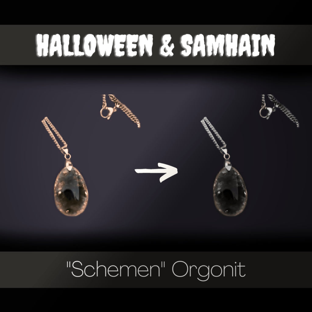 Samhain & Halloween Orgonit Schmuckstücke mit goldenen & grauen Schmuckteilen. Die Überschrift dieses Bildes lautet "Halloween & Samhain". Als Untertitel steht "Schemen" Orgonit geschrieben. Symbolbild für Samhain & Halloween Schmuck.