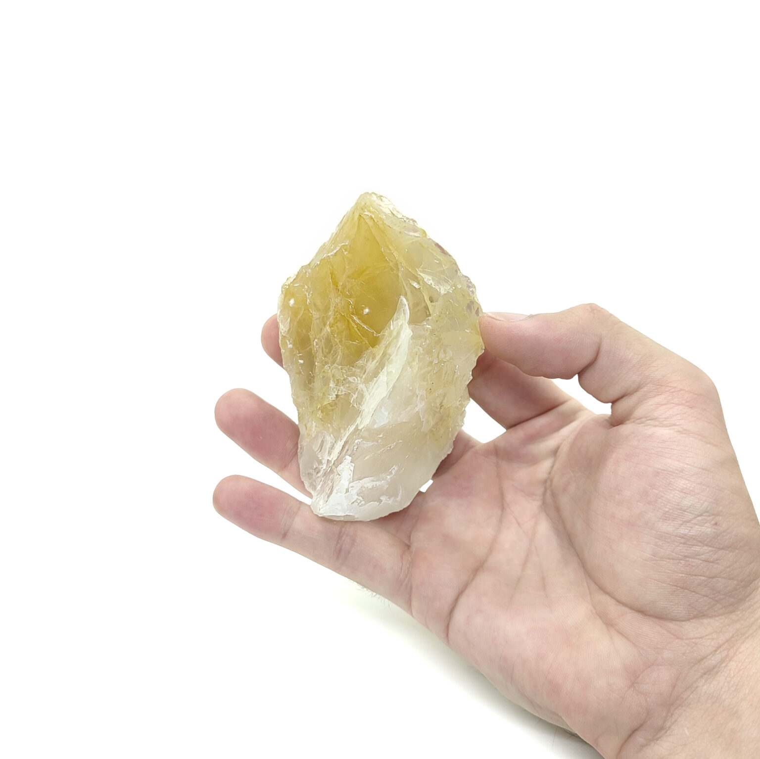 Großer natürlicher Citrin Rohstein mit gelben & hellen Kristallarealen.