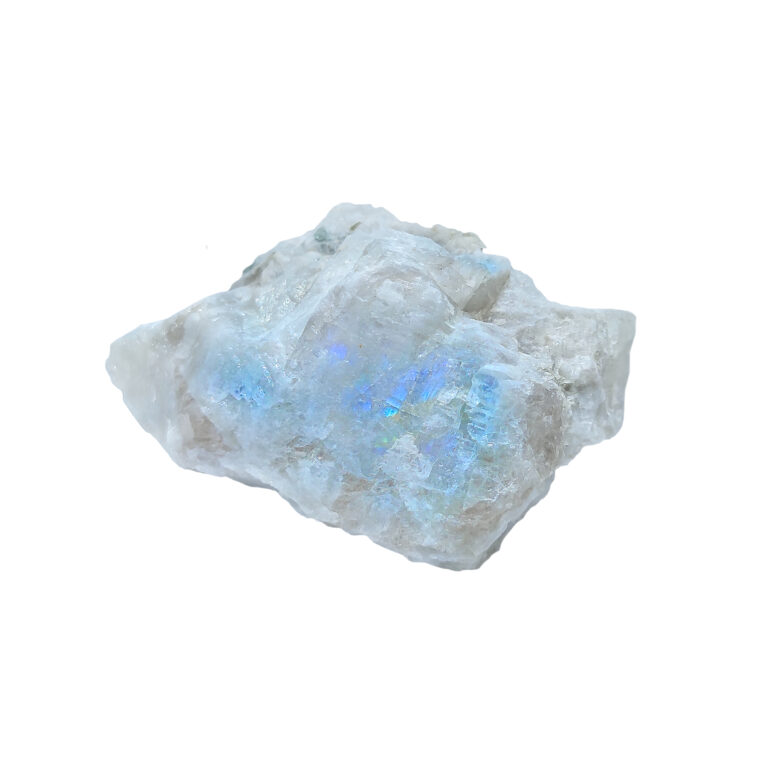Blau schillernder weißer Labradorit / Regenbogenmondstein Rohstein.