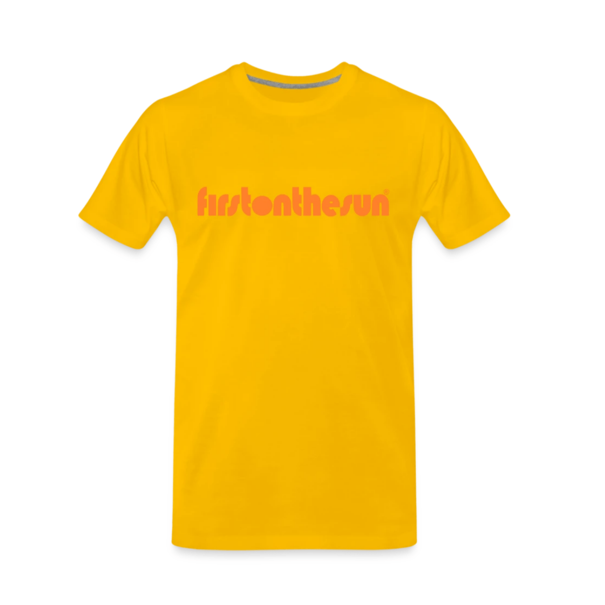 Gelbes First on the Sun T-Shirt aus 100% Baumwolle mit orangenem Logo