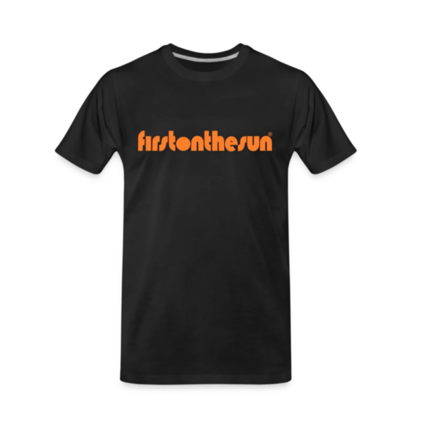 Schwarzes First on the Sun T-Shirt aus 100% Baumwolle mit orangenem Logo
