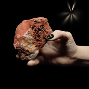Ein großer rotbrauner Jaspis Rohstein mit Quarz-Kristallen.