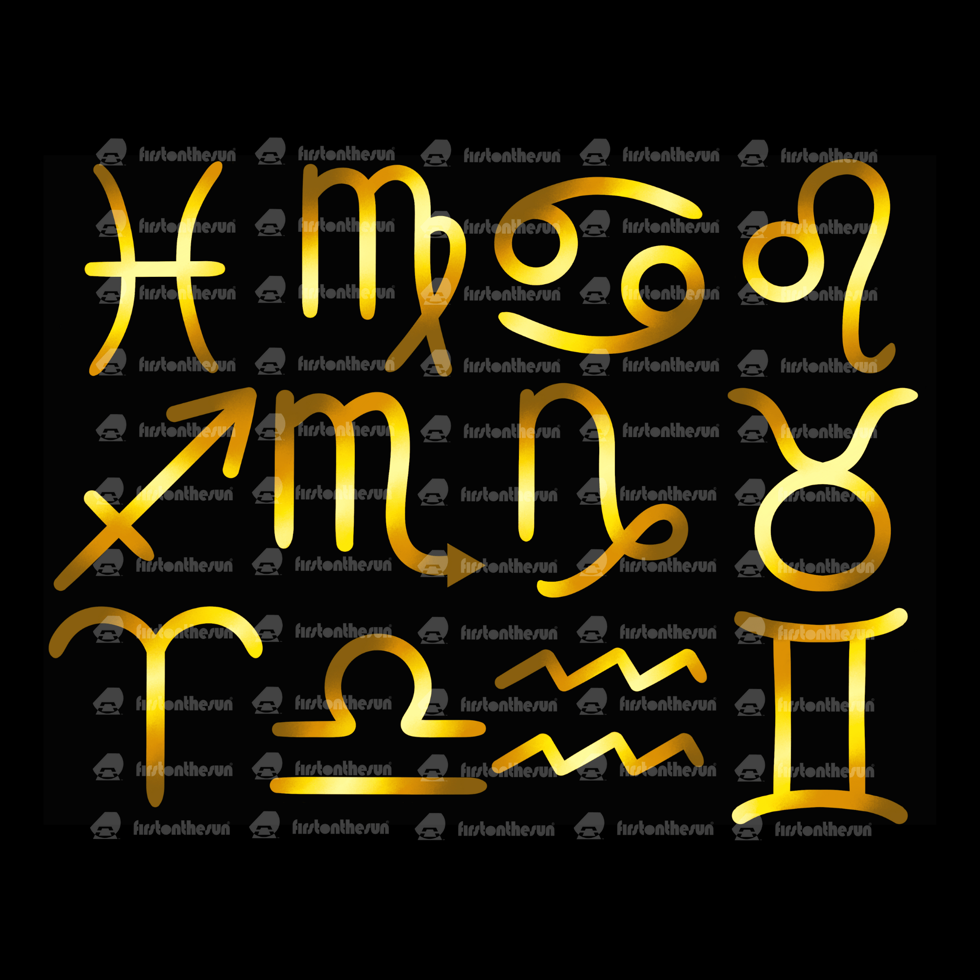 Die alchemistischen Symbole aller 12 Sternzeichen des Tierkreis in Gold mit firstonthesun Wasserzeichen