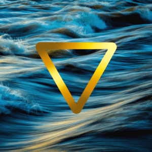 Das alchemistische Symbol des Elements Wasser auf einem aquatischen Hintergrund. Dieses Zeichen zeigt ein nach unten gerichtetes Dreieck.