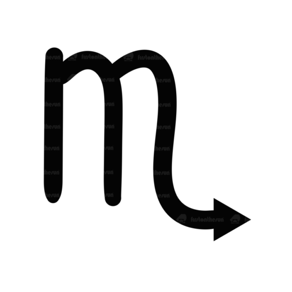 Das alchemistische Symbol des Sternzeichen Skorpion in Schwarz mit firstonthesun Wasserzeichen.
