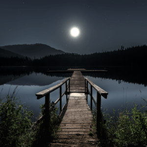 Ein Steg an einem nächtlichen See, welcher vom Mondlicht beleuchtet wird. Symbolbild für die spirituelle Bedeutung des Mondes.