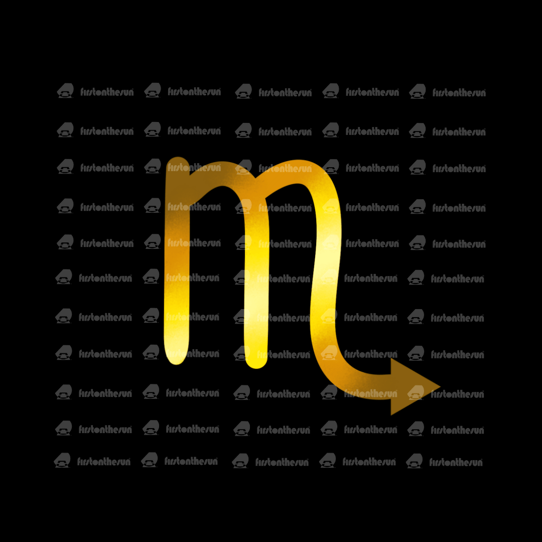 Das alchemistische & astrologische Symbol des Sternzeichen Skorpion in Gold mit firstonthesun Wasserzeichen.