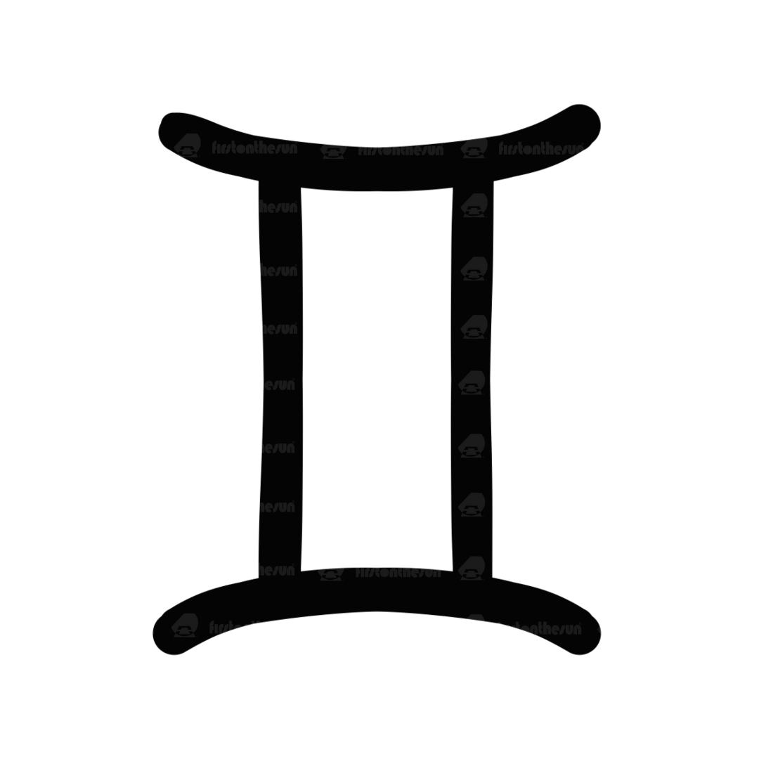 Das alchemistische Symbol des Sternzeichen Zwilling in Schwarz mit firstonthesun Wasserzeichen.