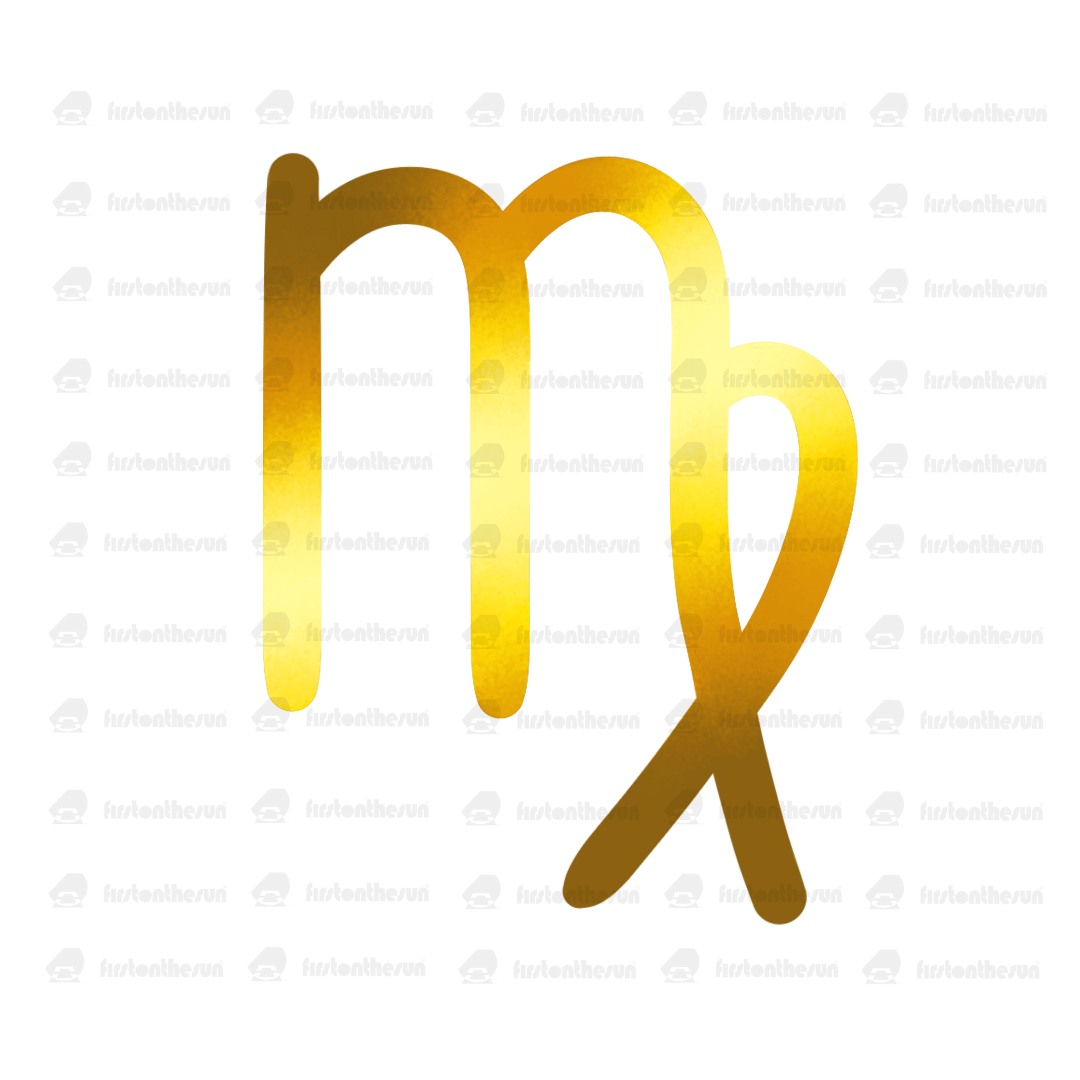 Das alchemistische Symbol des Sternzeichen Jungfrau in Gold mit firstonthesun Wasserzeichen.