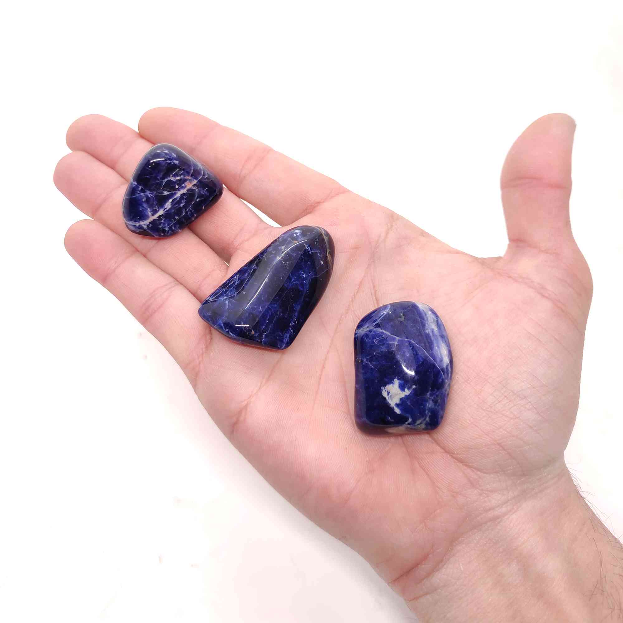 Intensiv blaue Sodalith Trommelsteine auf einer Hand.