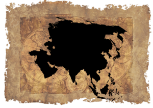 Silhouette des asiatischen Kontinents auf einer antiken Weltkarte.