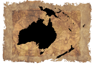 Silhouette des australischen Kontinents auf einer antiken Weltkarte.