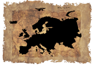 Silhouette des europäischen Kontinents auf einer antiken Weltkarte.