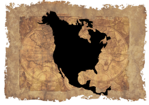 Silhouette des nordamerikanischen Kontinents auf einer antiken Weltkarte.