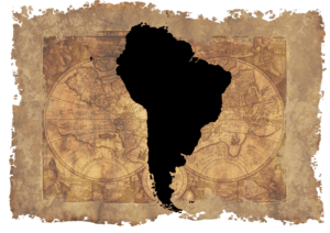 Silhouette des südamerikanischen Kontinents auf einer antiken Weltkarte.