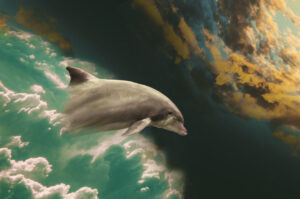 Delfin Illustration mit Wellen & Wolkenhimmel. Symbolbild für das Krafttier Delfin.