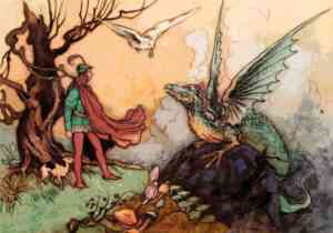 Illustration eines Drachen, welcher auf einen Menschen trifft.