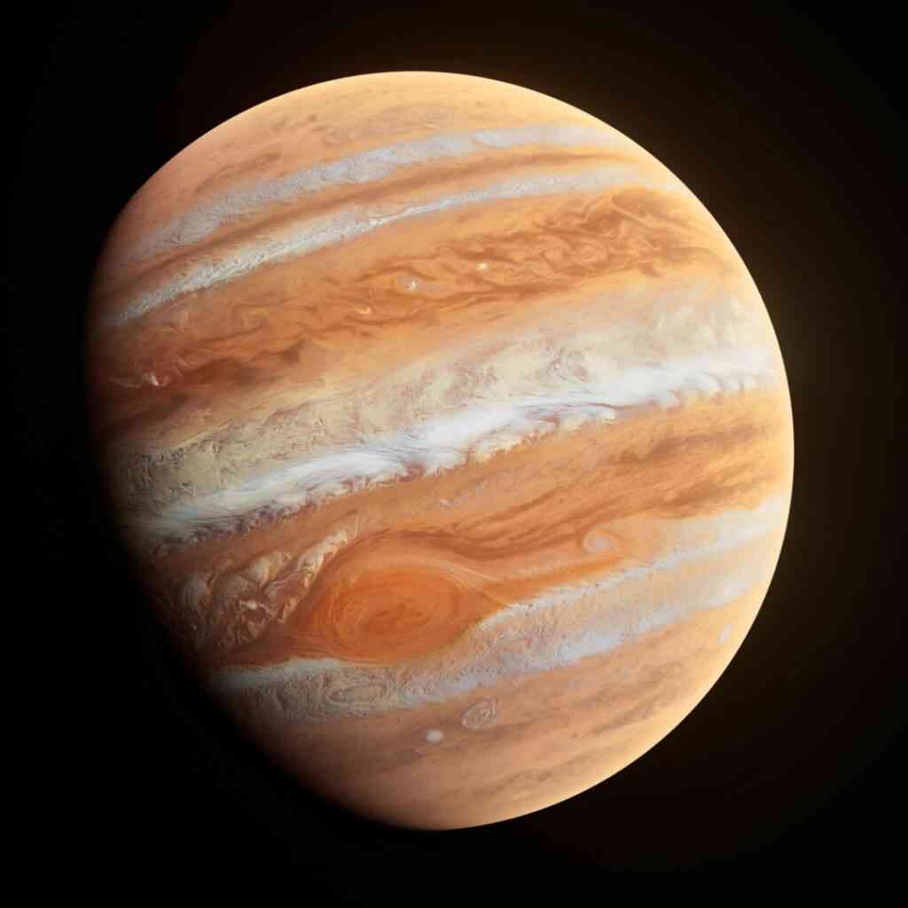 Aufnahme des Planeten Jupiter. Jupiters markante Bänderung ist gut zu erkennen.