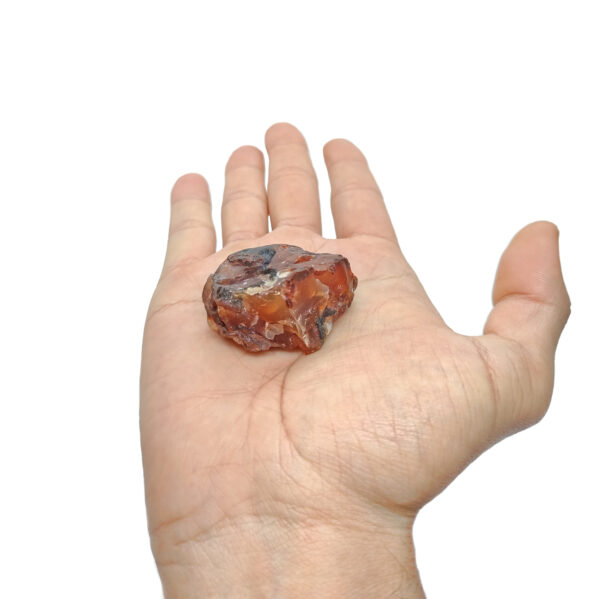 Dunkler gemaserter Karneol Kristall zur Produktpräsentation auf einer Hand.