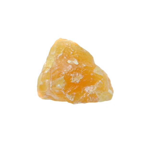 Intensiv orangefarbener Orangencalcit Roh-Edelstein mit charakteristischer Kristallstruktur.