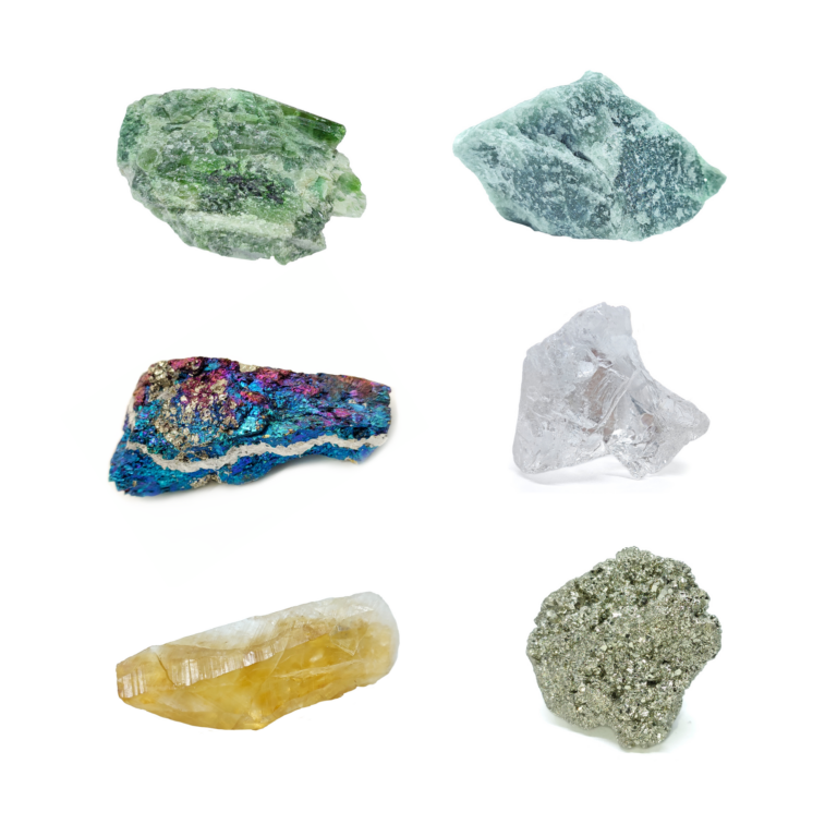 Edelstein-Set bestehend aus Diopsid, Aventurin, Chalkopyrit, Bergkristall, Citrin & Pyrit Rohstein.