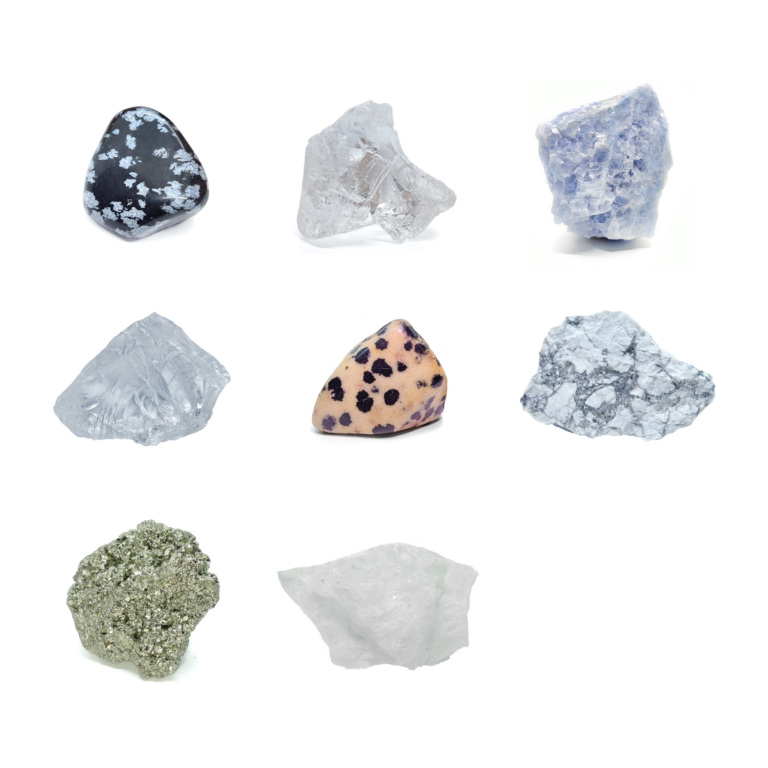 Edelstein-Set mit Obsidian, Bergkristall, Blauer Calcit, Girasol, Dalmatinerjaspis, Baryt, Pyrit & Magnesit.