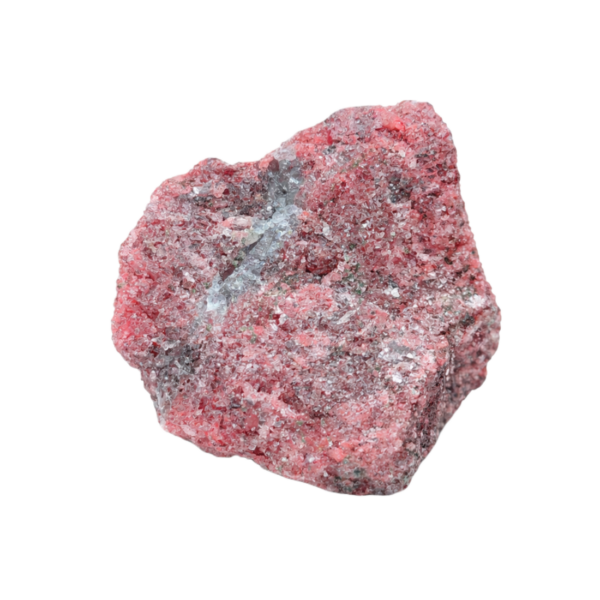 Rosenrot farbener Rhodonit Rohstein mit schillernden Kristallen.