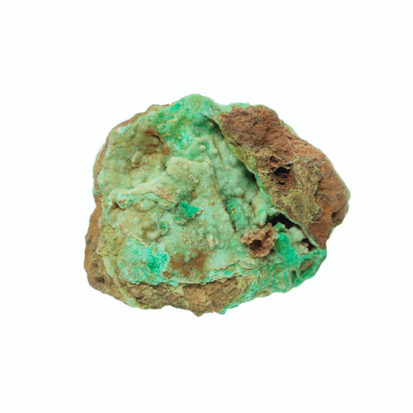 Grün-brauner Garnierit Rohstein mit charakteristischen Kristallen.