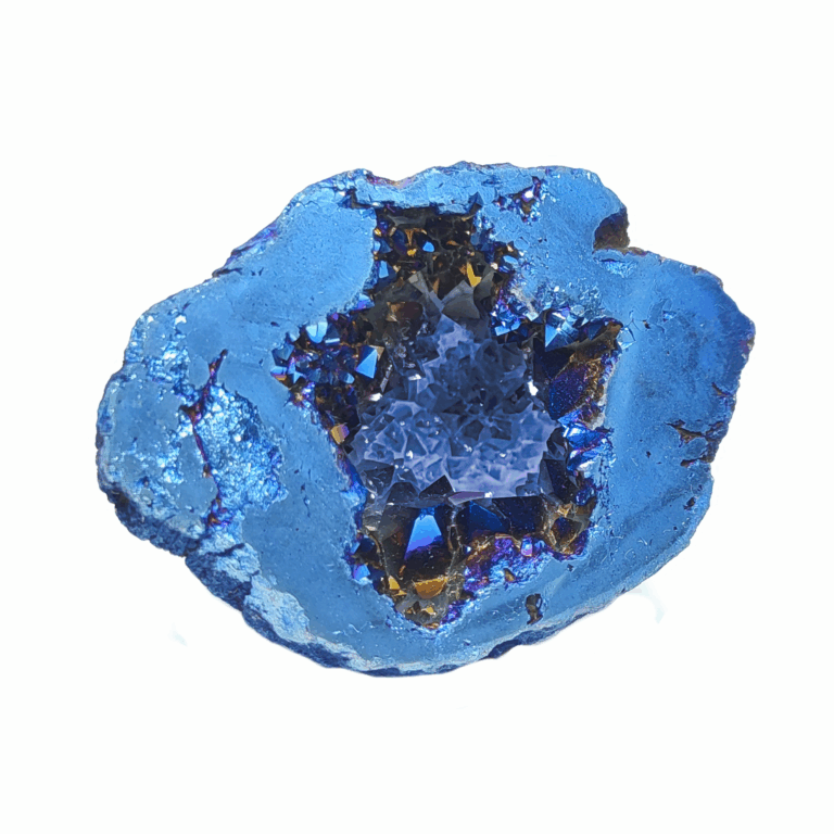 Quarz Geode mit blauer Metallbedampfung. Dieser Achat ist Metallic-Blau.
