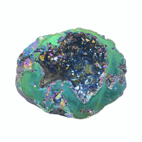 Quarz Geode mit schillernder Metallbedampfung. Dieser Achat ist Metallic-Bunt.