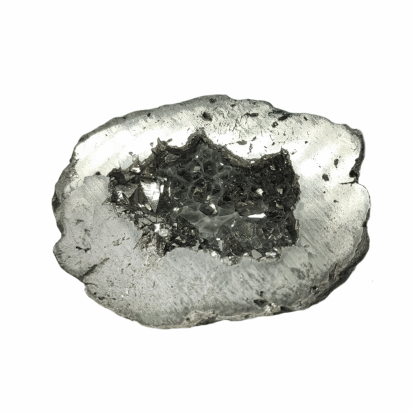 Quarz Geode mit silberner Metallbedampfung. Dieser Achat ist Metallic-Silber.