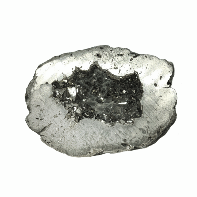 Quarz Geode mit silberner Metallbedampfung. Dieser Achat ist Metallic-Silber.
