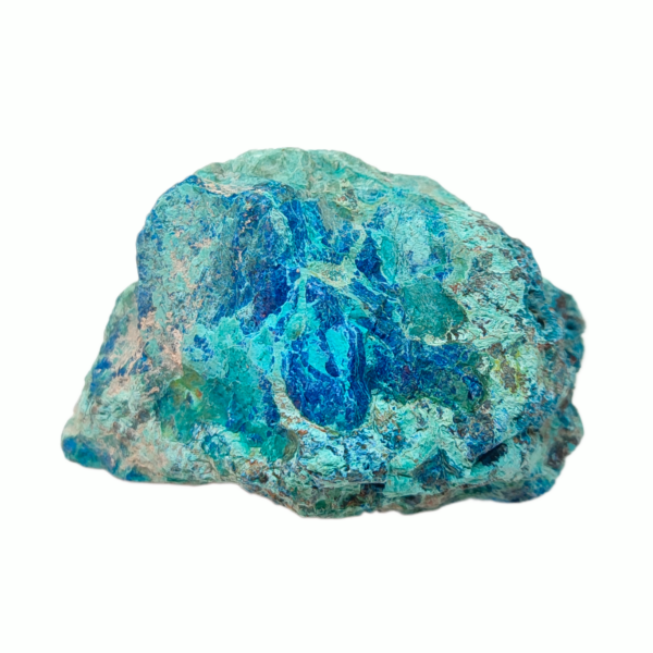 Ein Chrysokoll Rohstein in türkis-blauer Farbgebung.