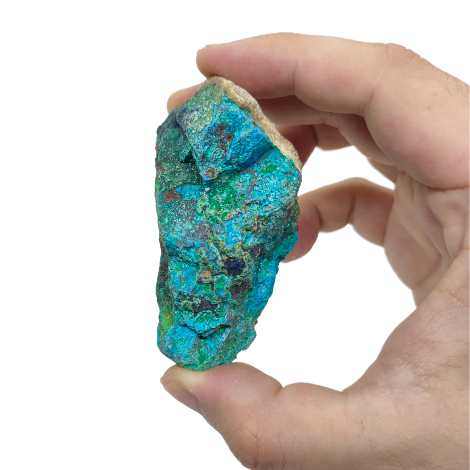 Ein Chrysokoll Rohstein in blau/türkis/grüner Farbe, welcher von einer Hand gehalten wird.