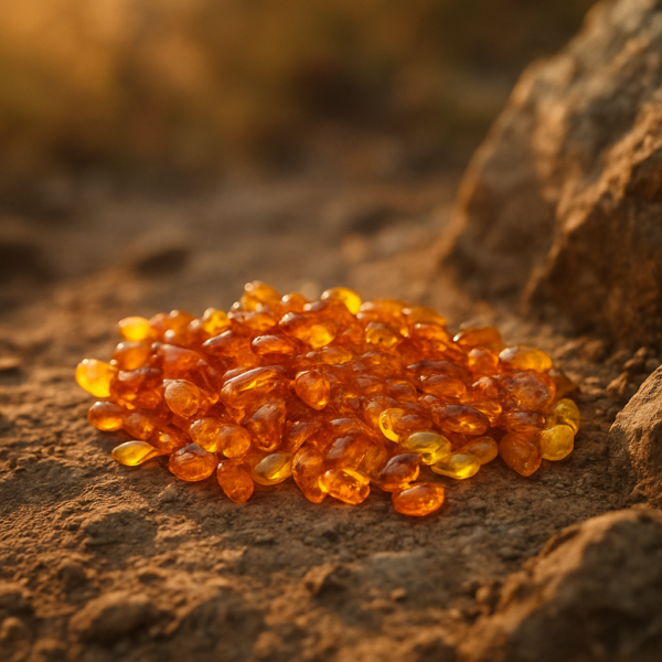 Bernstein Trommelsteine in unbehandelter Form als Trommelsteine auf Naturhintergrund.