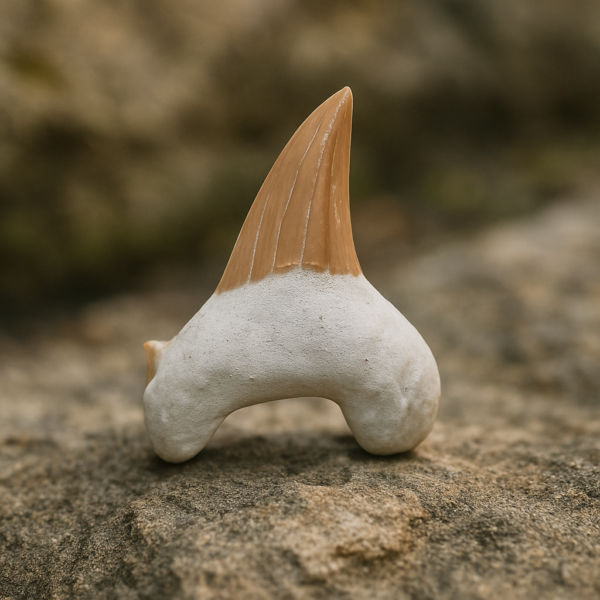 Fossiler Haizahn in unbehandelter Form als Rohstein auf Naturhintergrund.