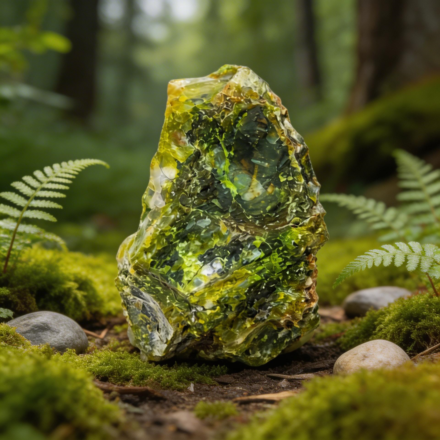 Grüner Opal in unbehandelter Form als Rohstein auf Naturhintergrund.